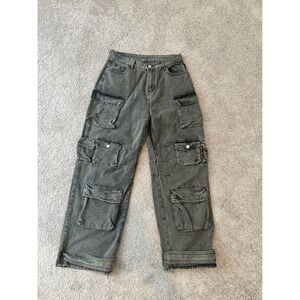 Cargo Jeans Acid Wash Wide Leg Utility Pants Pockets Denim Trousers L‎